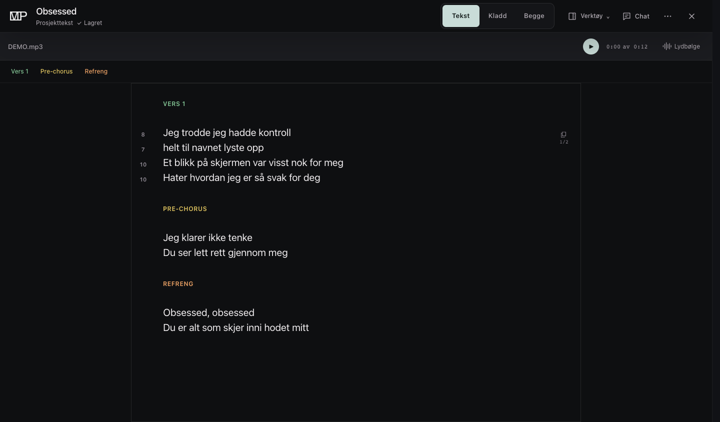 Your next line, in focus showing a synthetic lyric, section navigation and audio playback